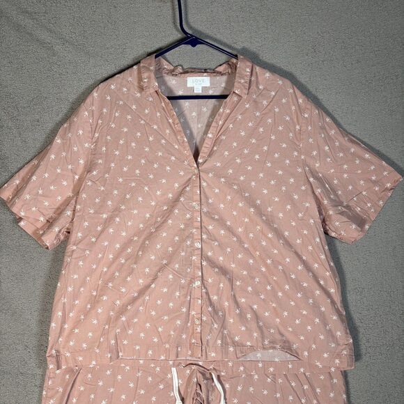 Love By Gap 2 Piece Pajama Set Women Size XXL Blush Pink Palm Tree AOP Tropical - Picture 2 of 16